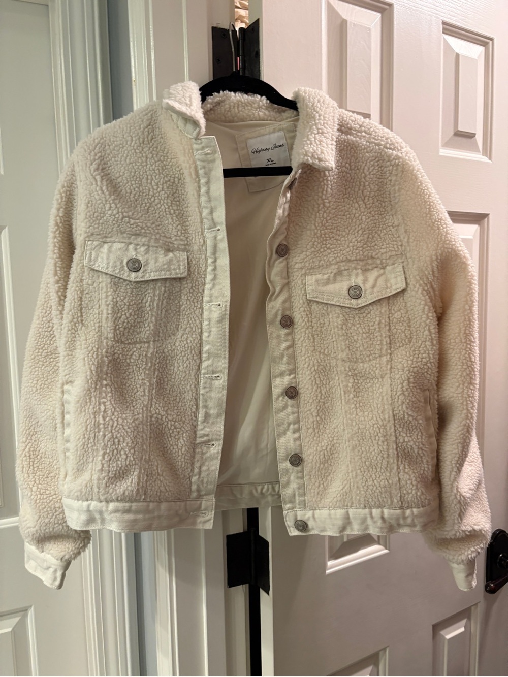 Ivory Sherpa Jacket with Denim Trim